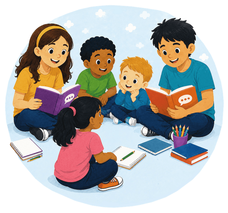 Five children are sitting together reading books.