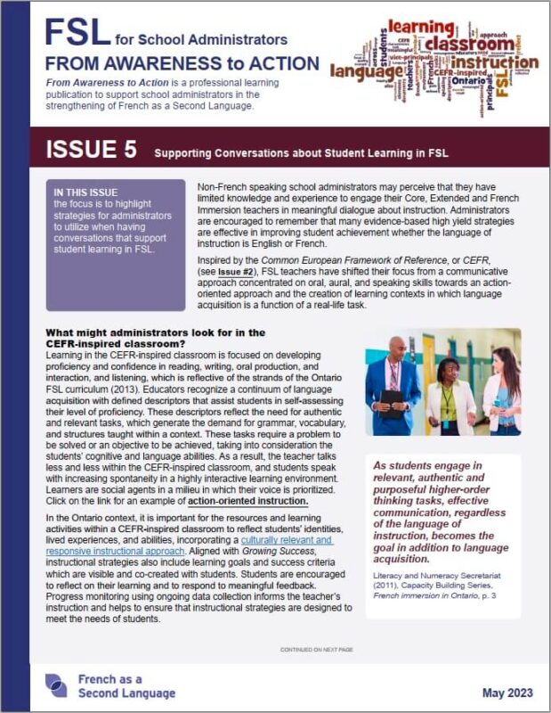 Cover page of "Issue 5 - Supporting Conversations about Student Learning in FSL"